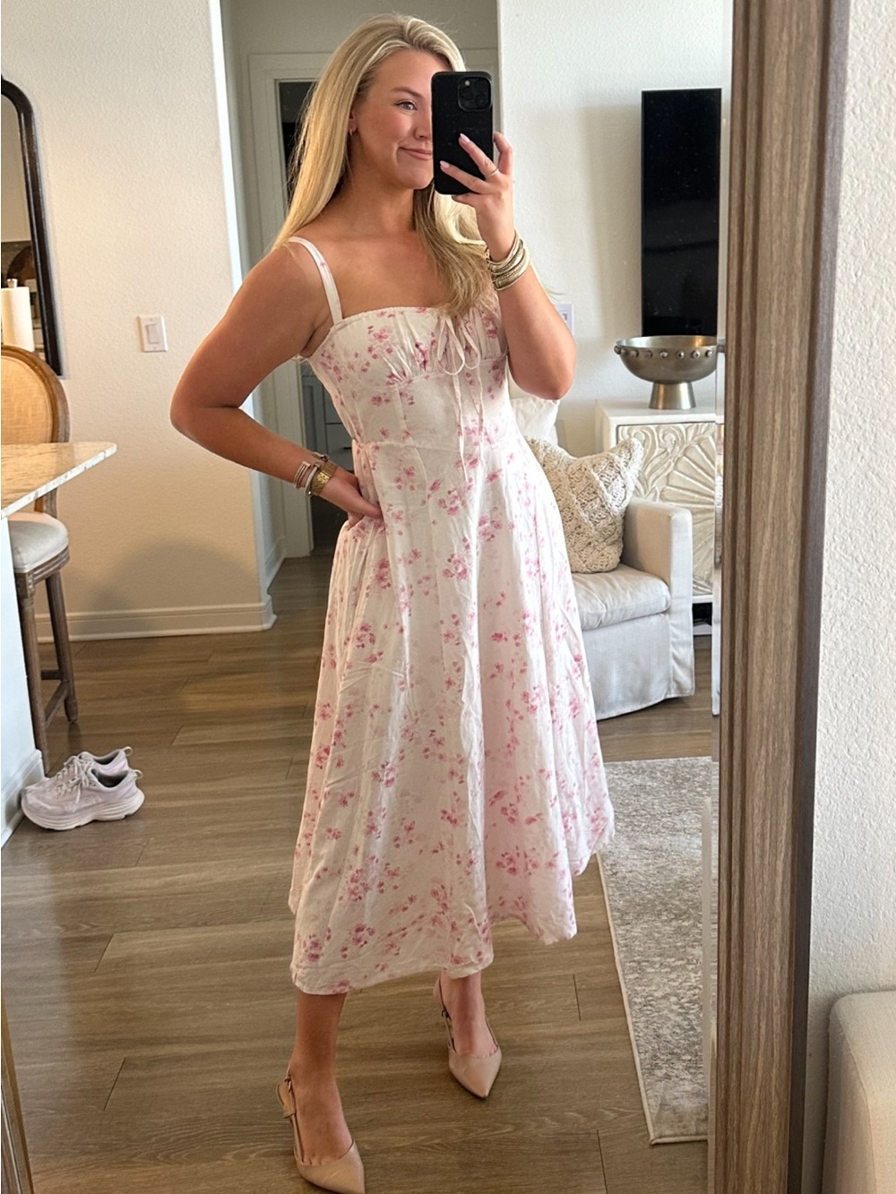 Floral Sweetheart Linen Midi Dress